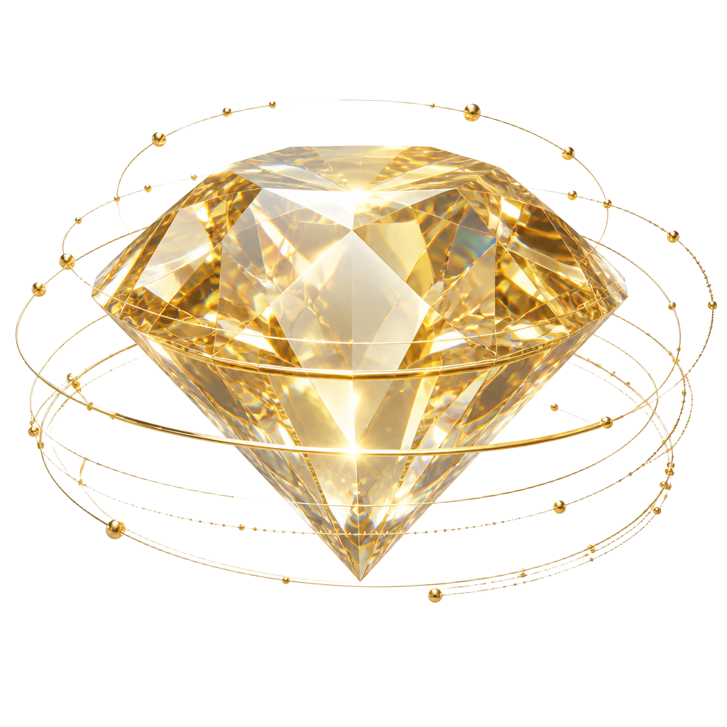 Faceted gold research emblem with orbital data rings